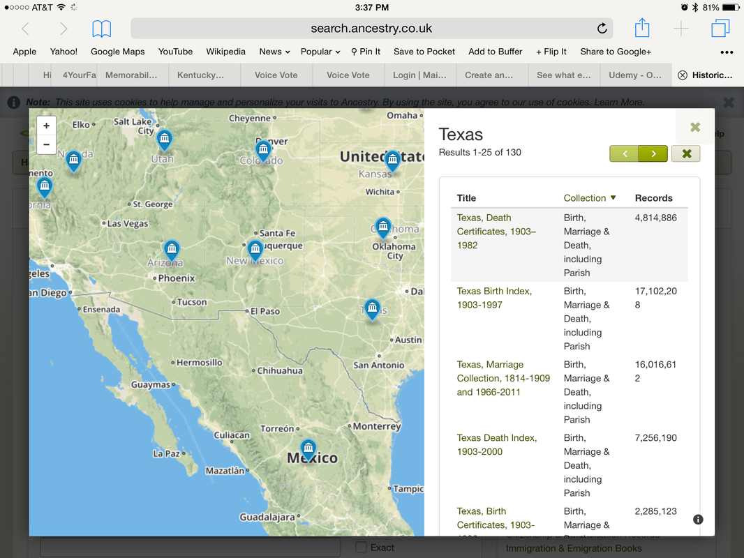 Ancestry collections list for Texas on iPad (UK version)