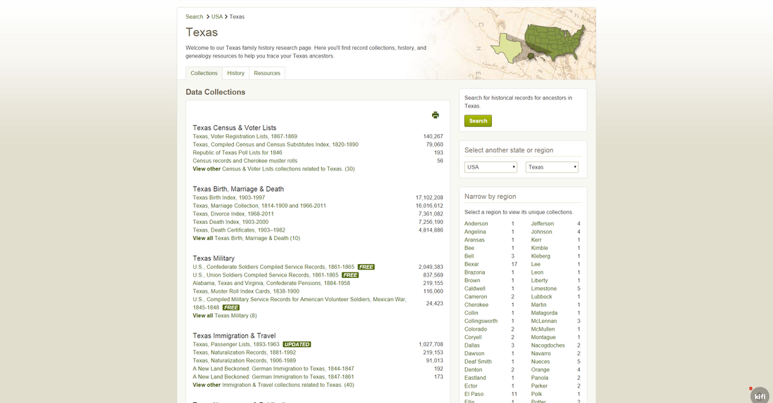 Ancestry Collections for the US state of Texas (US version)