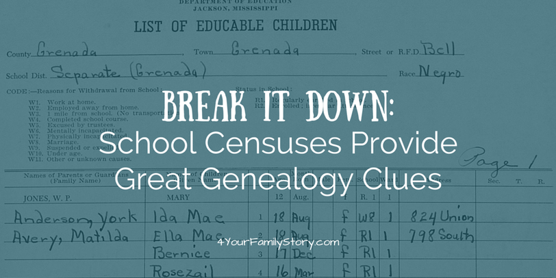 Break It Down: School Censuses Provide Great Genealogy Clues via 4YourFamilyStory.com. #genealogy #familyhistory #schoolrecords