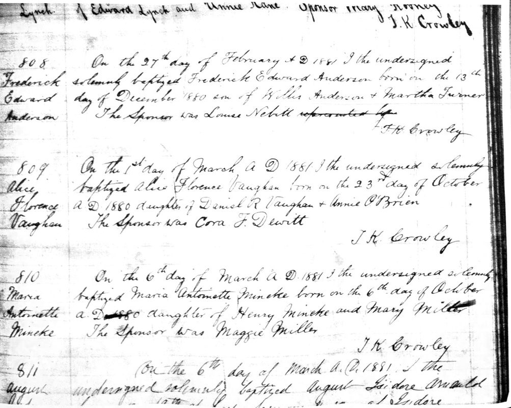 Alice Florence Vaughan Baptismal Record Entry