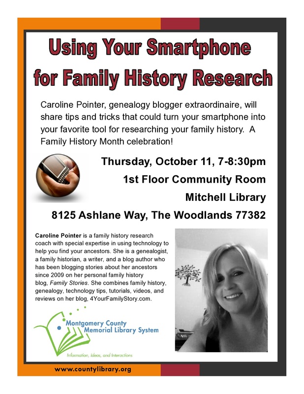 Come join us in October at the Mitchell Library The Woodlands, Texas, for Family History Month
